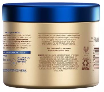 Vaseline Radiant X Deep Nourishment Body Cream with Niacinamide and Peptides 10 oz